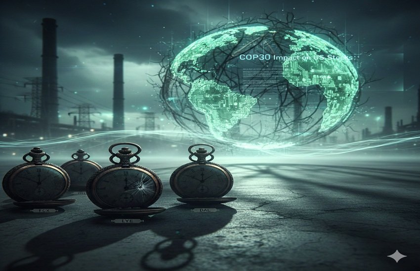 A futuristic illustration of global climate regulations affecting U.S. industries, symbolizing the COP30 impact on US stocks.