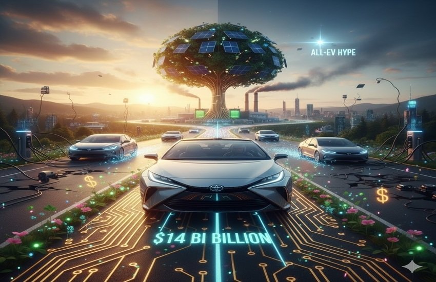 Toyota hybrid cars driving on a futuristic smart road with digital circuits, symbolizing Toyota’s $14 billion U.S. battery investment and shift away from full EV hype.