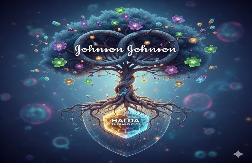 Illustration symbolizing the Johnson & Johnson Halda acquisition, showing J&J’s growth tree merging with Halda Therapeutics’ oncology platform.