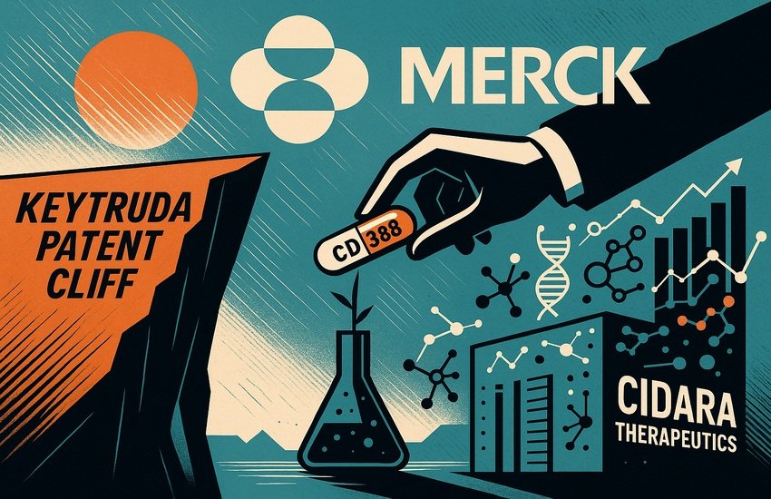 Illustration of Merck acquiring Cidara Therapeutics to offset the Keytruda patent cliff, featuring CD388 as a new flu prevention drug and biotech growth graphics.