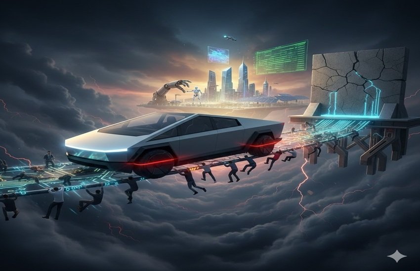 Futuristic Tesla Cybertruck crossing a collapsing AI bridge held by retail investors amid a stormy digital landscape.
