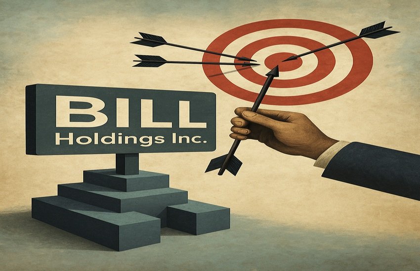 Bullseye target with arrows aimed at Bill Holdings sign, representing activist pressure to sell the company.