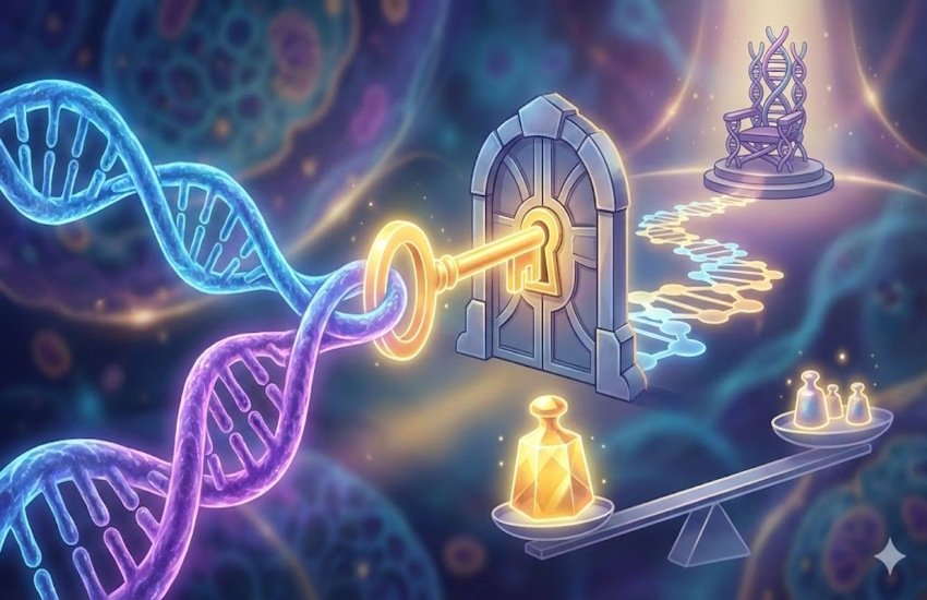 Illustration of DNA strands unlocking a glowing door, symbolizing genetic breakthroughs and biotech synergy.