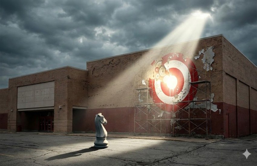 A chess knight facing a faded Target logo on an abandoned building illuminated by a beam of light