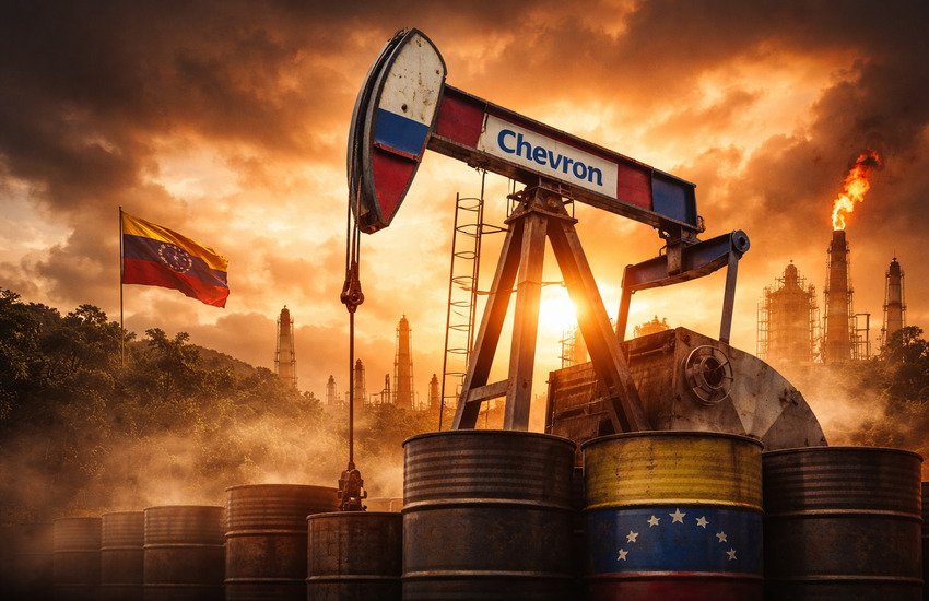 Chevron oil pumpjack in Venezuela with national flag and refinery in background at sunset