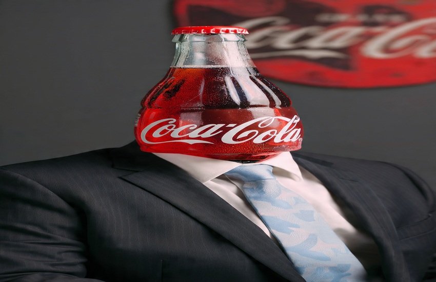 Coca-Cola glass bottle replacing CEO’s head in a business suit, symbolizing leadership change