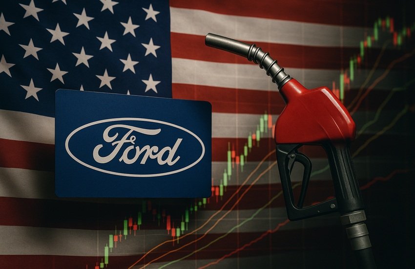 Ford logo with gas pump and American flag symbolizing stock rally after Trump fuel policy rollback