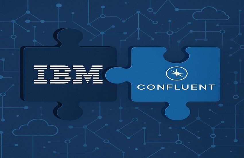 Puzzle pieces representing IBM and Confluent merging, symbolizing a potential 2025 acquisition and AI data synergy