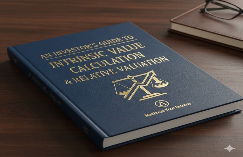 Blue hardcover book titled “An Investor’s Guide to Intrinsic Value Calculation & Relative Valuation” on a wooden desk.