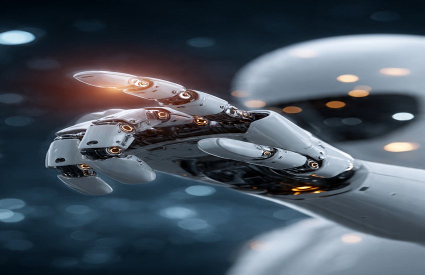 Close-up of a futuristic humanoid robot hand reaching forward with glowing AI-powered joints, symbolizing advanced artificial intelligence.