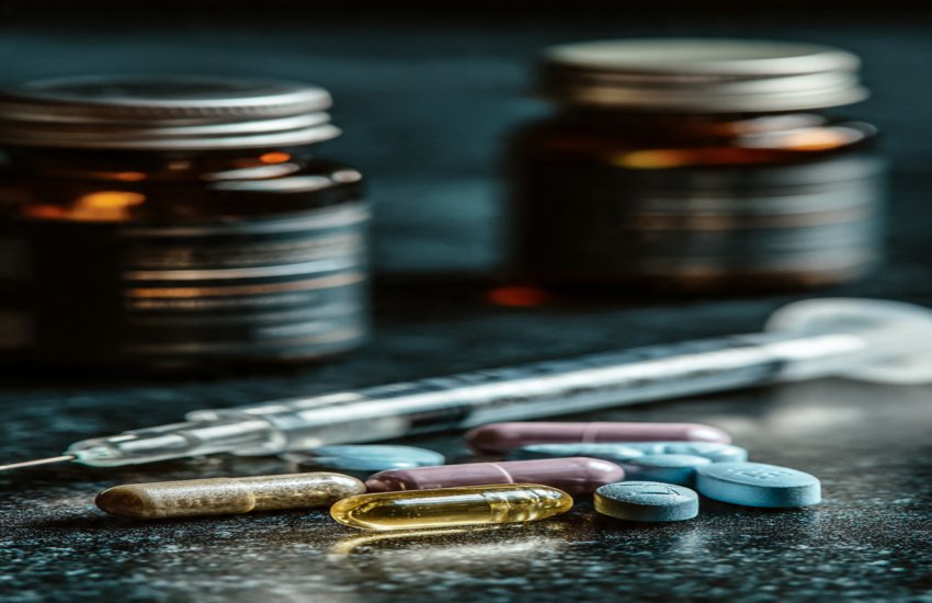 Various NAD+ booster supplements and a syringe on a lab surface, representing Niagen's product expansion and patent strategy.