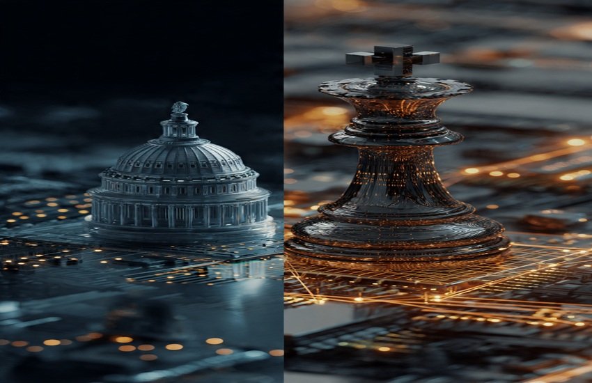 Digital artwork symbolizing Nvidia’s win in AI chip export restriction policy, with U.S. Capitol and chess king on circuit board.