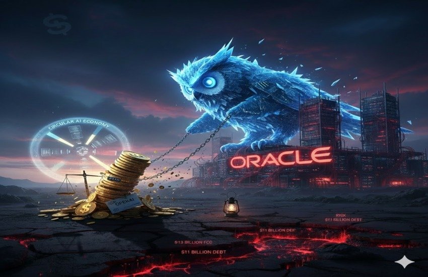 Metaphorical illustration of Oracle’s AI data center strategy under pressure, featuring a giant mechanical owl (Blue Owl Capital) unchaining itself from Oracle infrastructure, with visuals of debt, OpenAI, and the Circular AI Economy.