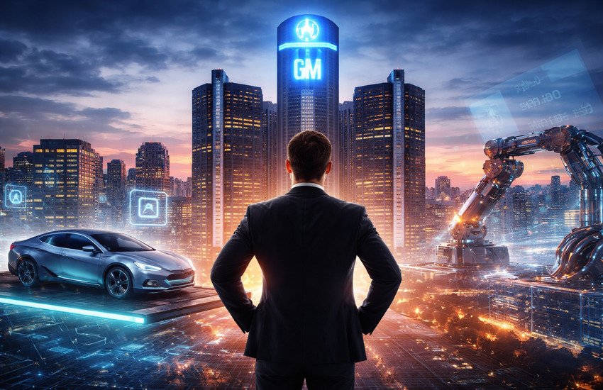 Sterling Anderson overlooks GM headquarters with electric car, robotic arm, and digital tech interface
