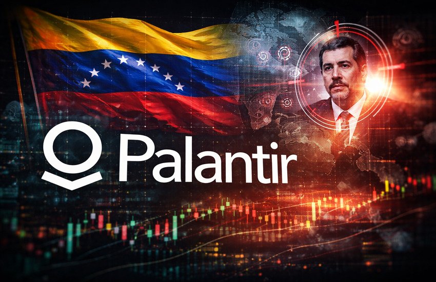 Palantir logo with Venezuelan flag and surveillance imagery symbolizing Maduro capture and stock market response