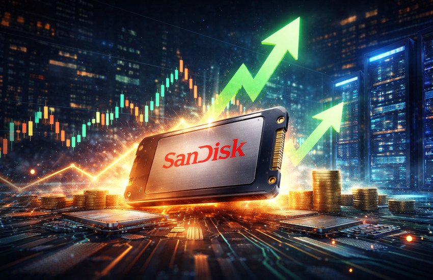Glowing SanDisk SSD with rising green stock arrows, data servers, and circuit board symbolizing AI-driven demand and flash memory growth.