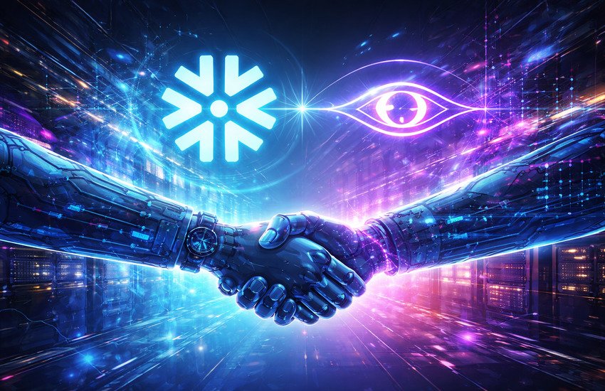 Futuristic digital illustration symbolizing Snowflake’s acquisition of Observe AI with robotic handshake and data cloud imagery