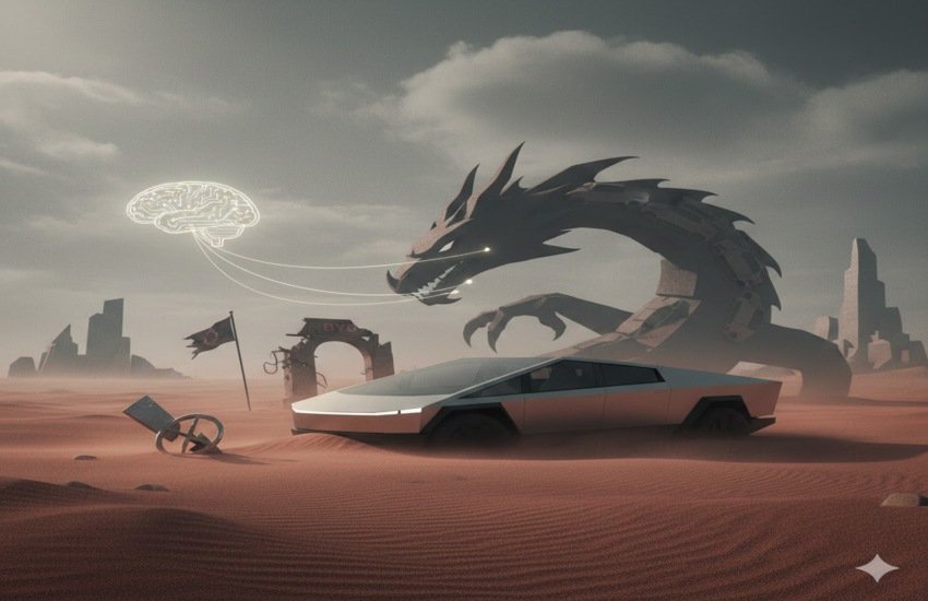 Tesla Cybertruck facing a robotic dragon labeled BYD in a desert, symbolizing rising EV competition and market disruption.